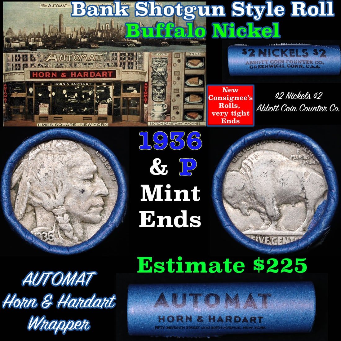 Buffalo Nickel Shotgun Roll in Old Bank Style 'Abbott Coin Counter AutoMat' Wrapper 1936 & p Mint (1 of 3)