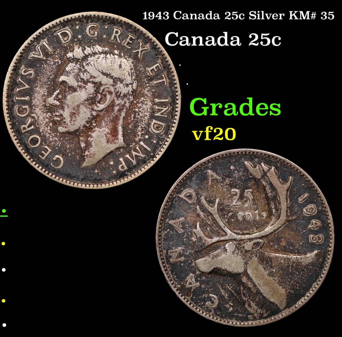1943 Canada 25c Silver KM# 35 Grades vf, very fine (1 of 3)