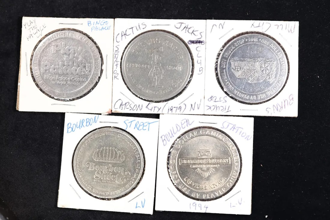 Lot of 5x Various Vintage Gaming Tokens Grades: Lot of 5x Various Vintage Gaming Tokens Grades. 1979 Bingo Palace Las Vegas, 1994 Boulder Station Las Vegas, Bourbon Street Casino Las Vegas, Burns Bros Truck Stop Mill City NV, 1979 Cactus Jack's Sen