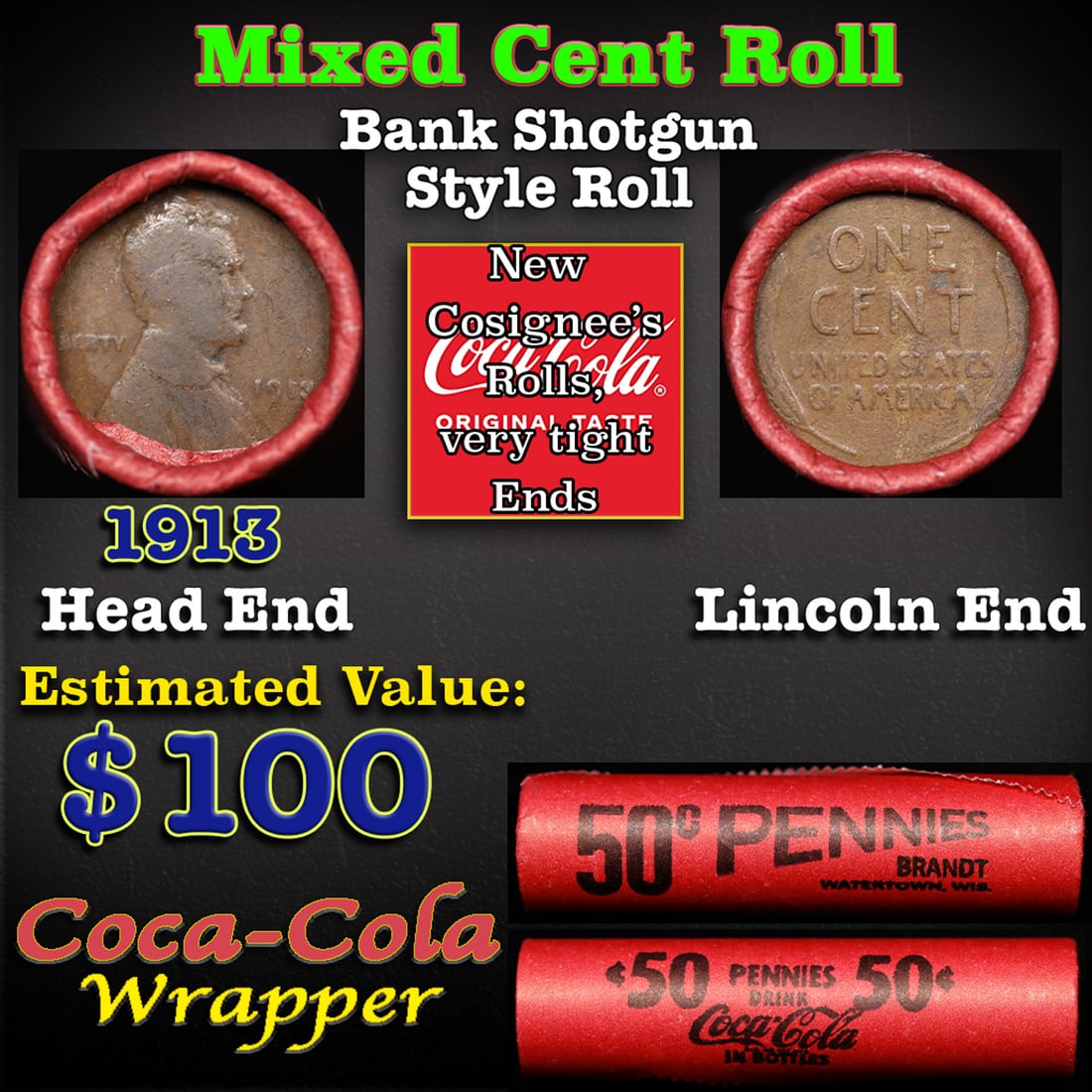 Mixed small cents 1c orig shotgun roll, 1916-p Lincoln Cent, 1936-s Lincoln Cent other end, (1 of 3)
