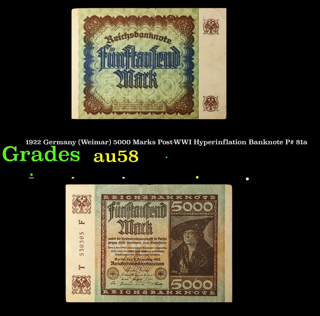 1922 Germany (Weimar) 5000 Marks Post-WWI Hyperinflation Banknote P# 81a Grades Choice AU/BU Slider (1 of 1)