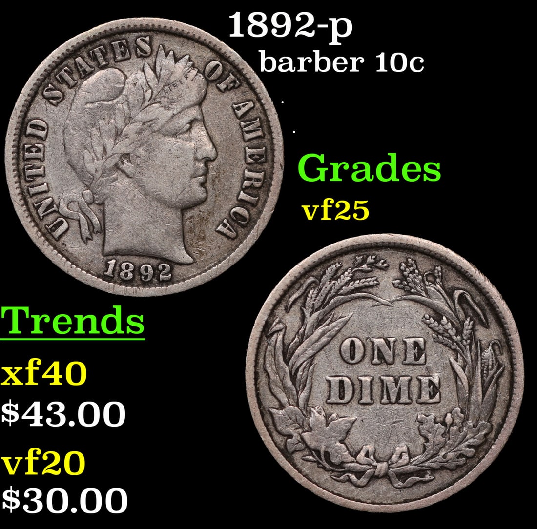 1892-p Barber Dime 10c Grades vf+ (1 of 3)