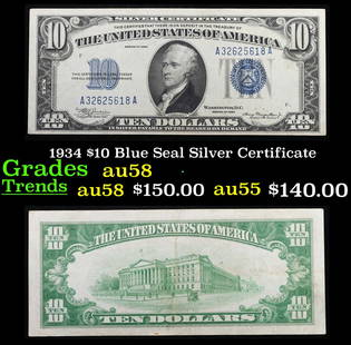 1934 $10 Blue Seal Silver Certificate Grades Choice AU/BU Slider: 1934 $10 Blue Seal Silver Certificate Grades Choice AU/BU Slider. This note features the familiar portrait of Alexander Hamilton that was used on all of our $10 bills through 1999, and the back shows