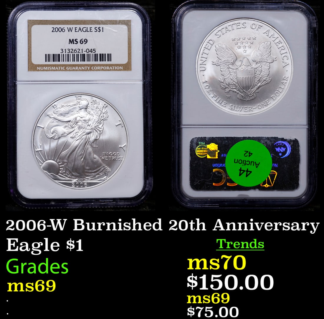 NGC 2006-W Silver Eagle Dollar Burnished 20th Anniversary $1 Graded ms69 By NGC (1 of 3)