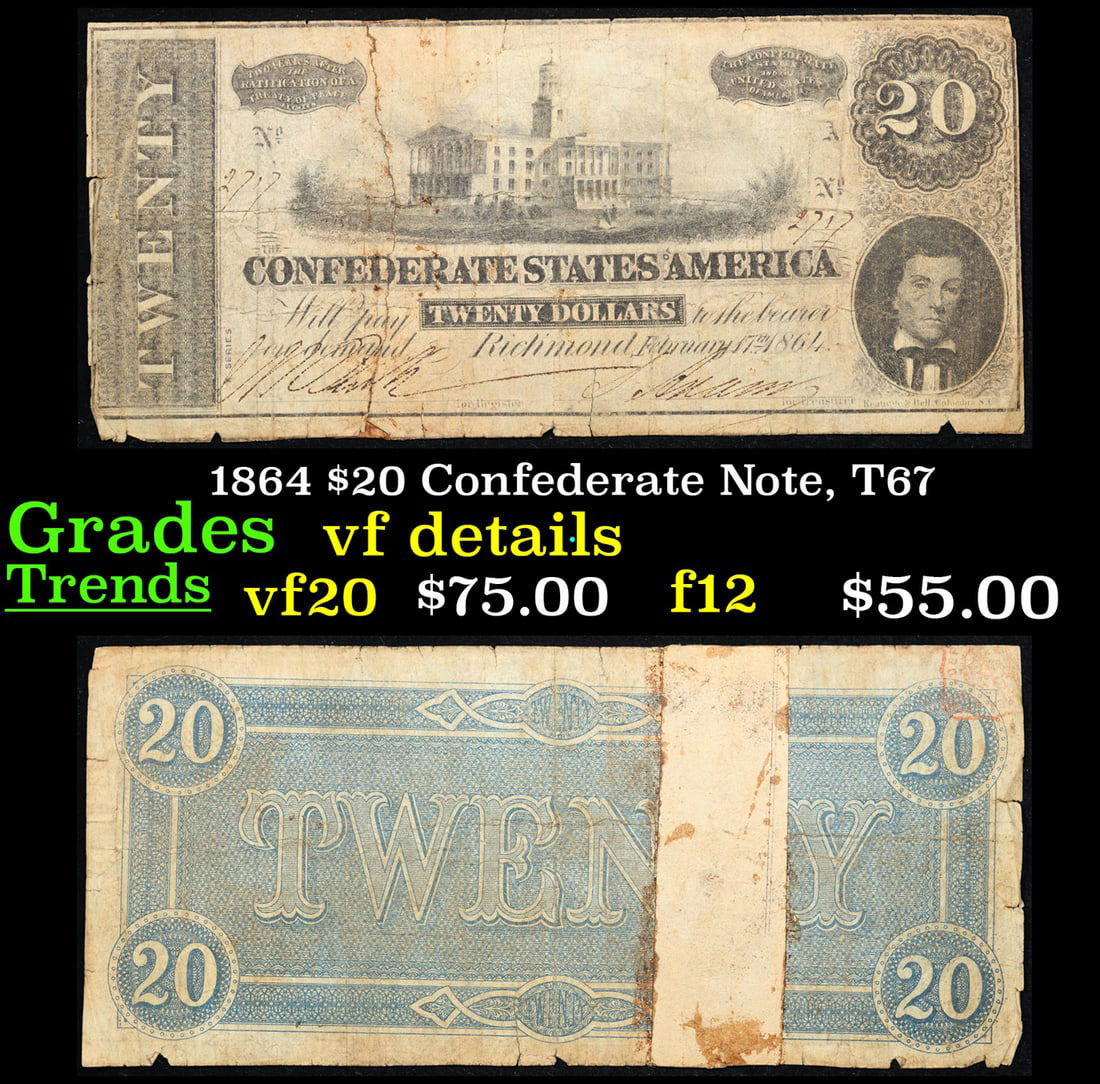 1864 $20 Confederate Note, T67 Grades vf details (1 of 3)