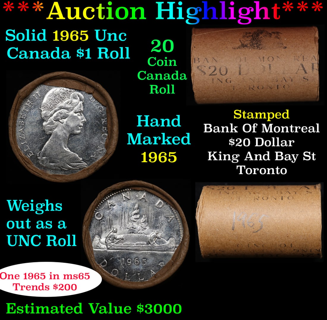 ***Auction Highlight*** Full Roll of Silver 1965 Canadian Dollar with Queen Elizabeth II, 20 Coins (1 of 5)