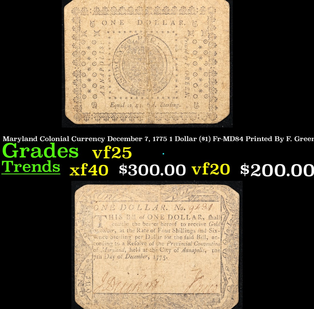 Maryland Colonial Currency December 7, 1775 1 Dollar ($1) Fr-MD84 Printed By F. Green Grades vf+ (1 of 3)