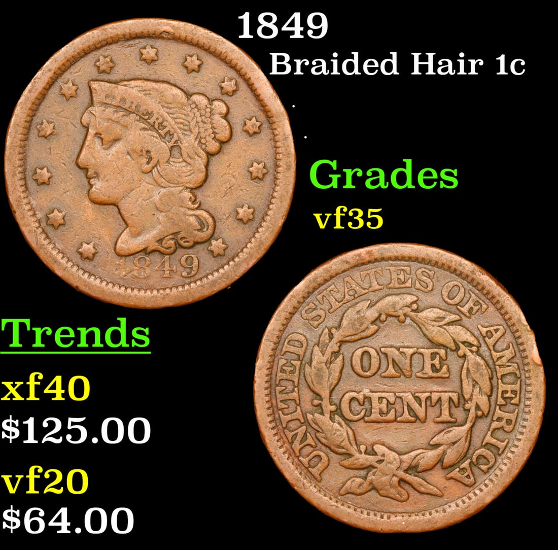 1849 Braided Hair Large Cent 1c Grades vf++ (1 of 3)