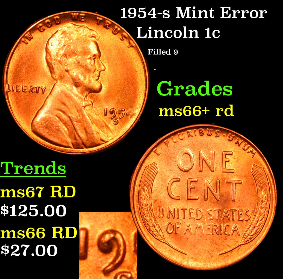 1954-s Lincoln Cent Mint Error 1c Grades GEM++ RD (1 of 5)