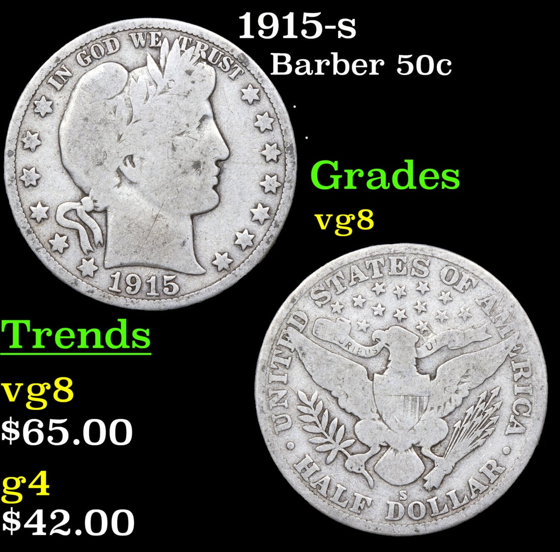 1915-s Barber Half Dollars 50c Grades vg, very good (1 of 3)