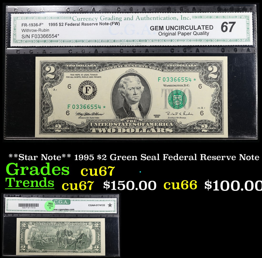 **Star Note** 1995 $2 Green Seal Federal Reserve Note Graded cu67 By CGA (1 of 3)