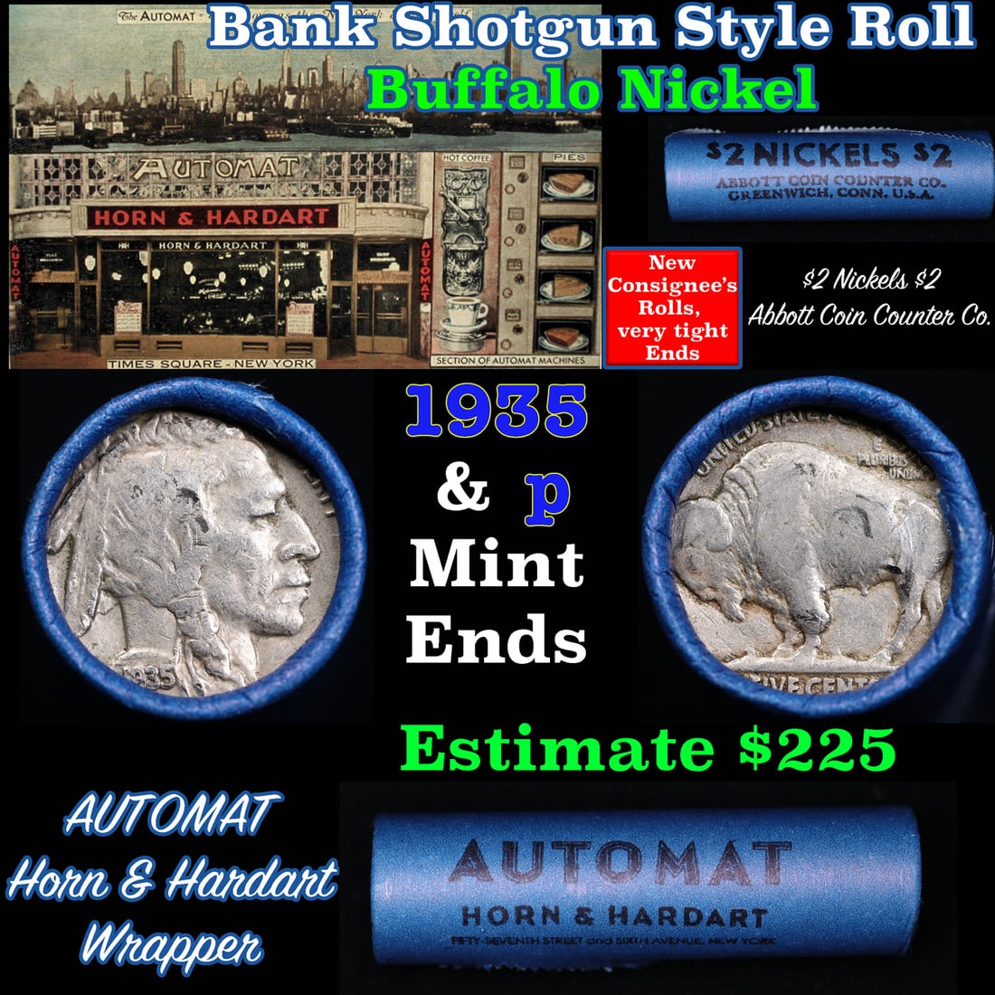 Buffalo Nickel Shotgun Roll in Old Bank Style 'Abbott Coin Counter & Automat' Wrapper 1935 & P Mint (1 of 4)