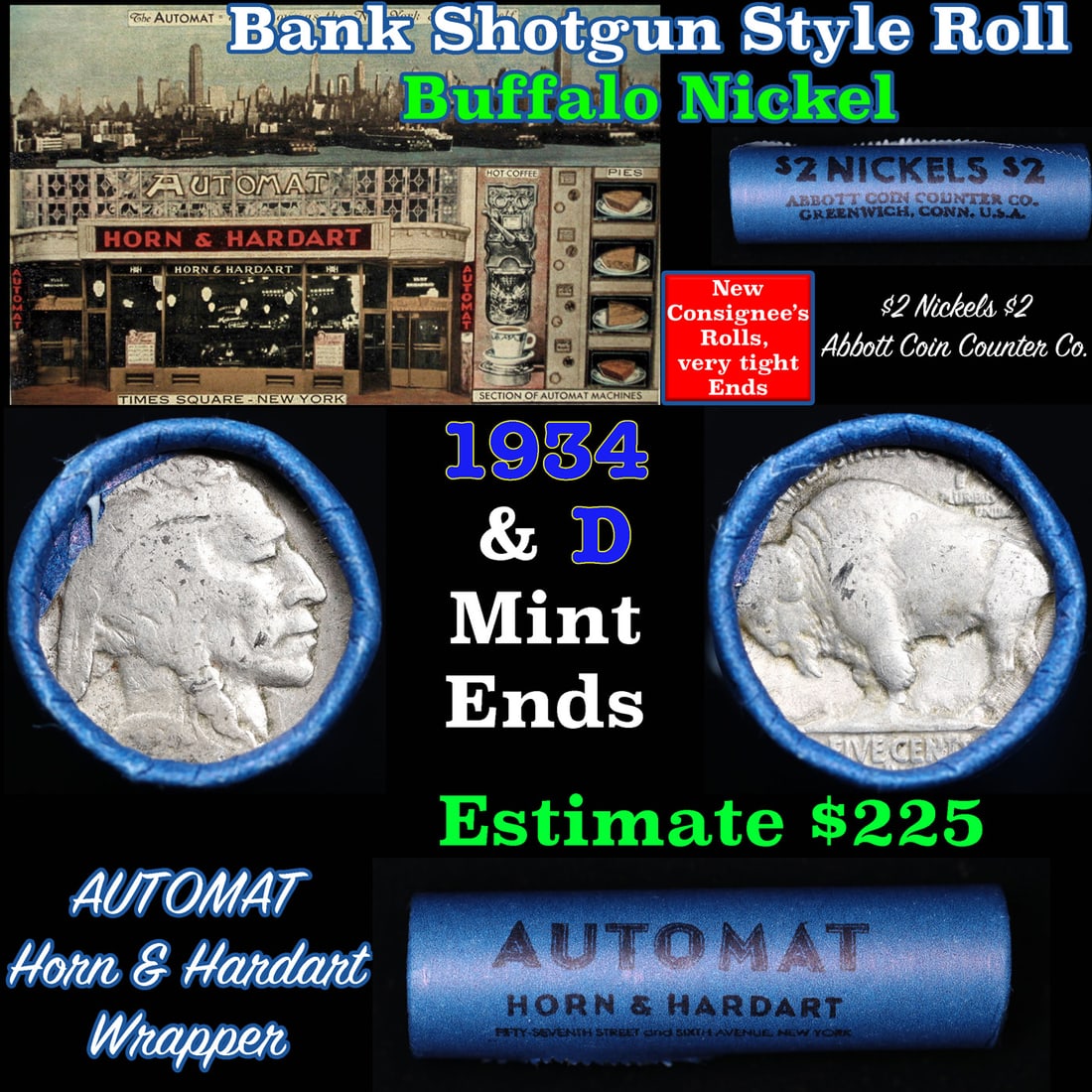 Buffalo Nickel Shotgun Roll in Old Bank Style 'Abbott Coin Counter & Automat' Wrapper 1934 & D Mint: Buffalo Nickel Shotgun Roll in Old Bank Style 'Abbott Coin Counter & Automat' Wrapper 1934 & D Mint Ends. The roll is held in an old, rare "Brandt Abbott Coin Counter" Bank style wrapper. They are all