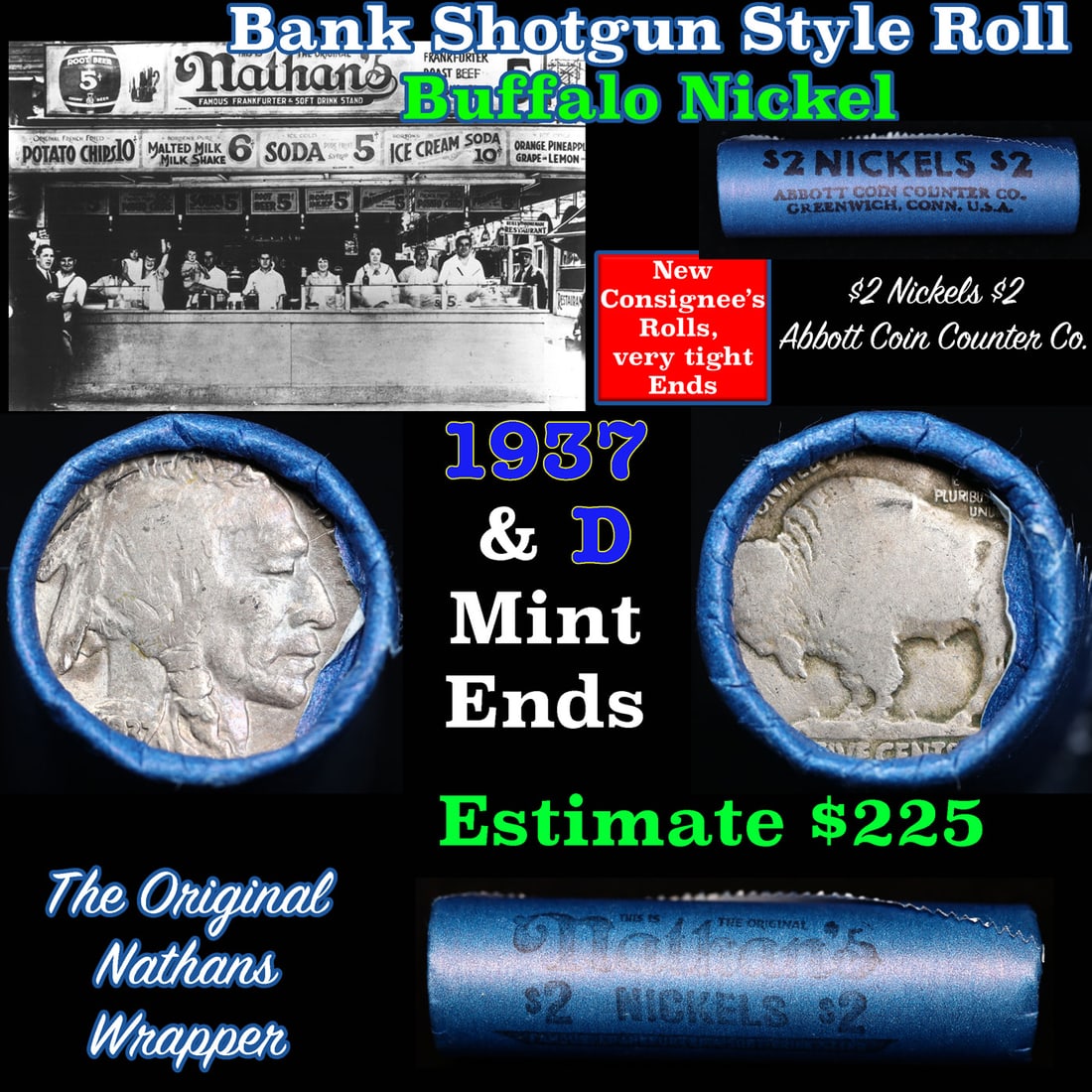 Buffalo Nickel Shotgun Roll in Old Bank Style 'Abbott Coin Counter & Automat Nathans' Wrapper 1937 &: Buffalo Nickel Shotgun Roll in Old Bank Style 'Abbott Coin Counter & Automat Nathans' Wrapper 1937 & p Mint Ends. The roll is held in an old, rare "Brandt Abbott Coin Counter" Bank style wrapper. They
