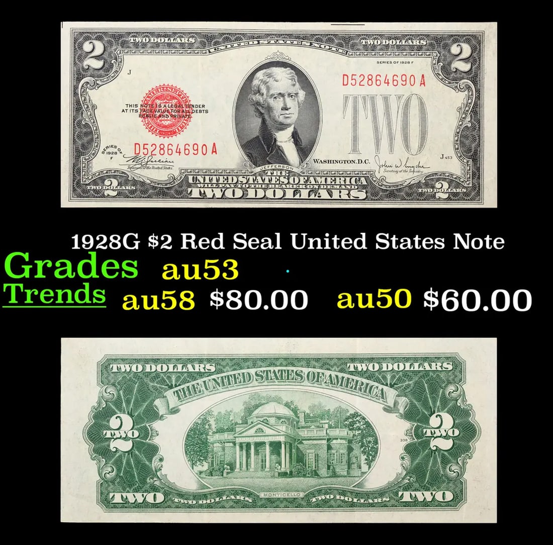 1928G $2 Red Seal United States Note Grades Select AU (1 of 3)