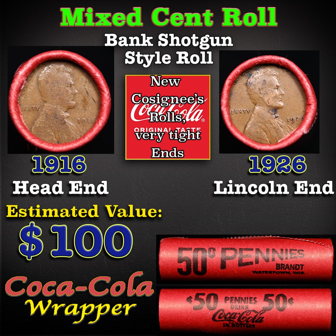 Mixed small cents 1c orig shotgun roll, 1926-p Lincoln Cent, 1916-p Lincoln Cent other end, (1 of 3)