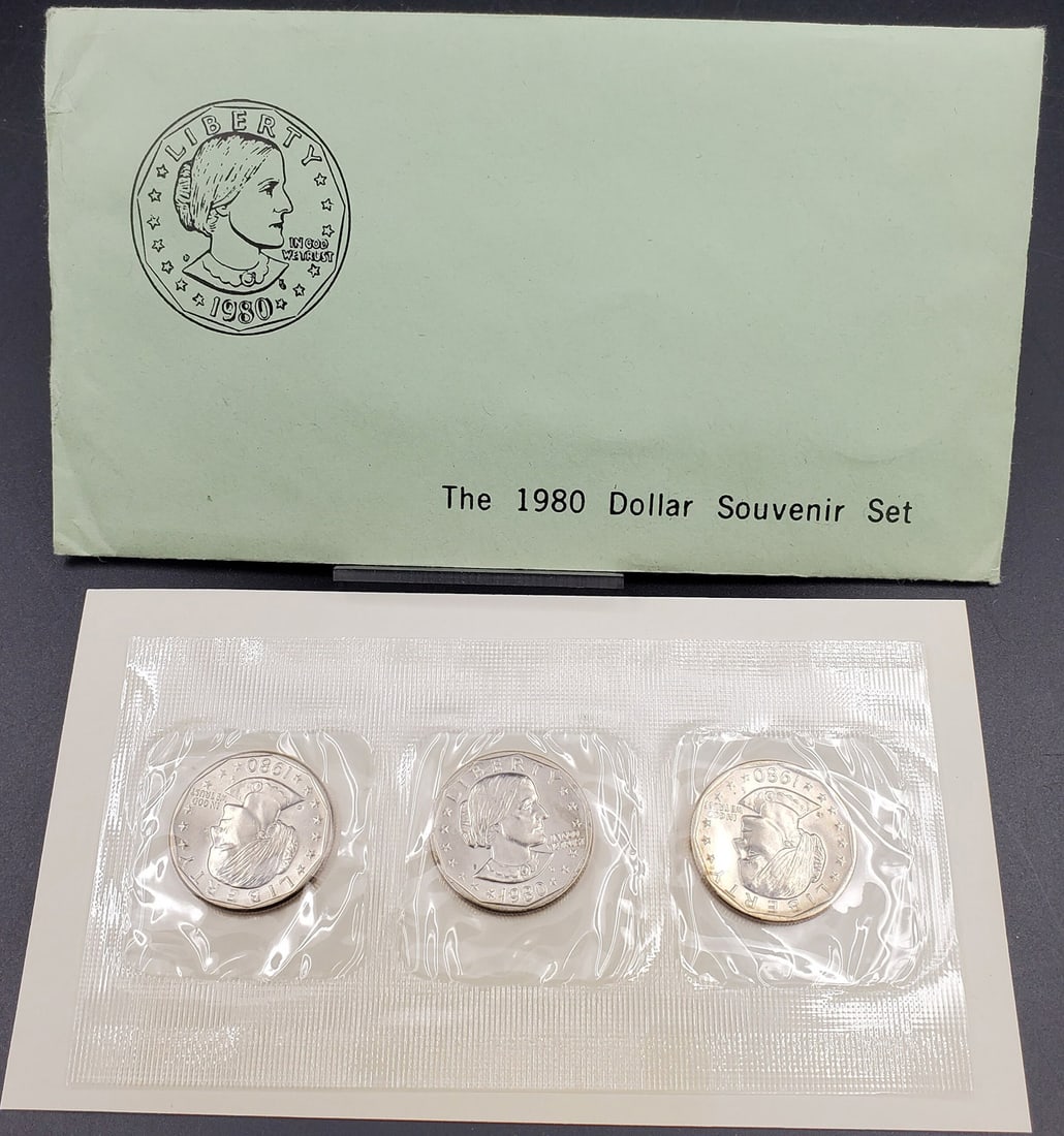 1980 Uncirculated 3-Coin Souvenir Susan B Anthony Dollar Set in Original Packaging (1 of 1)