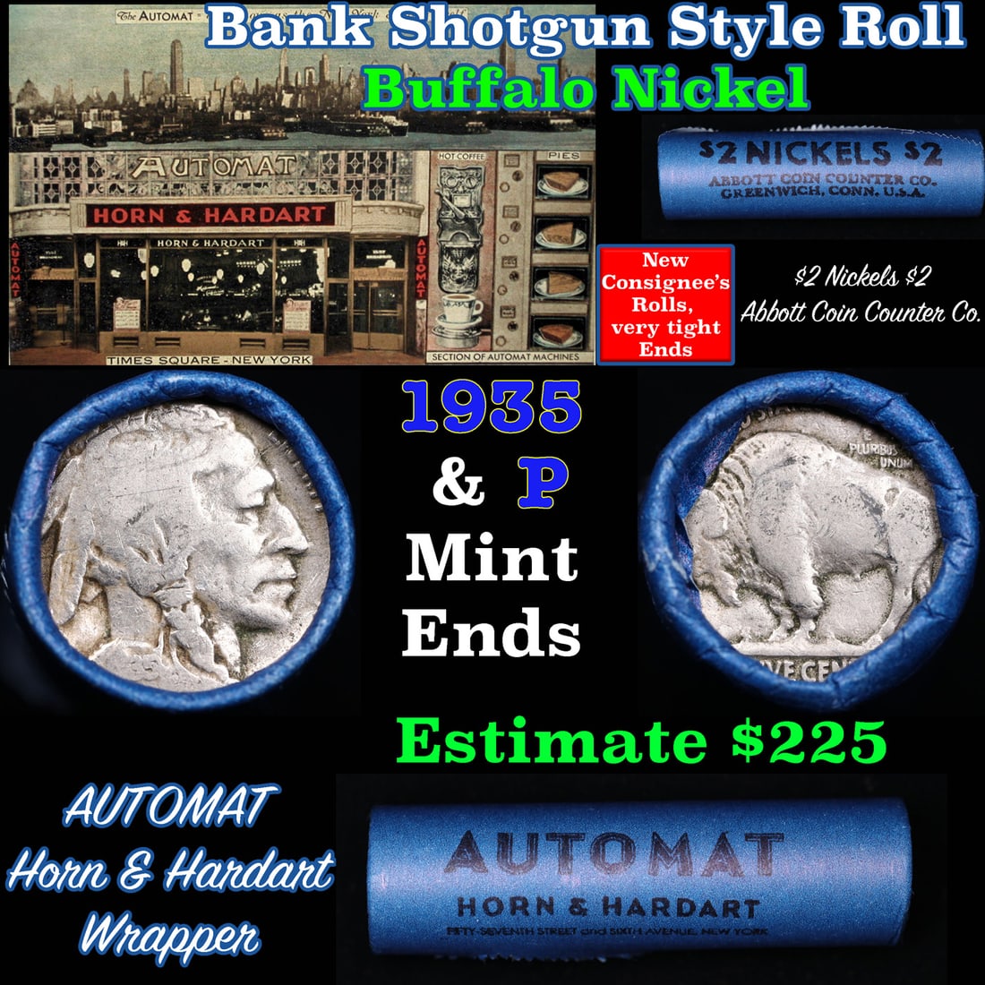 Buffalo Nickel Shotgun Roll in Old Bank Style 'Abbott Coin Counter & Automat' Wrapper 1935 & p Mint (1 of 4)
