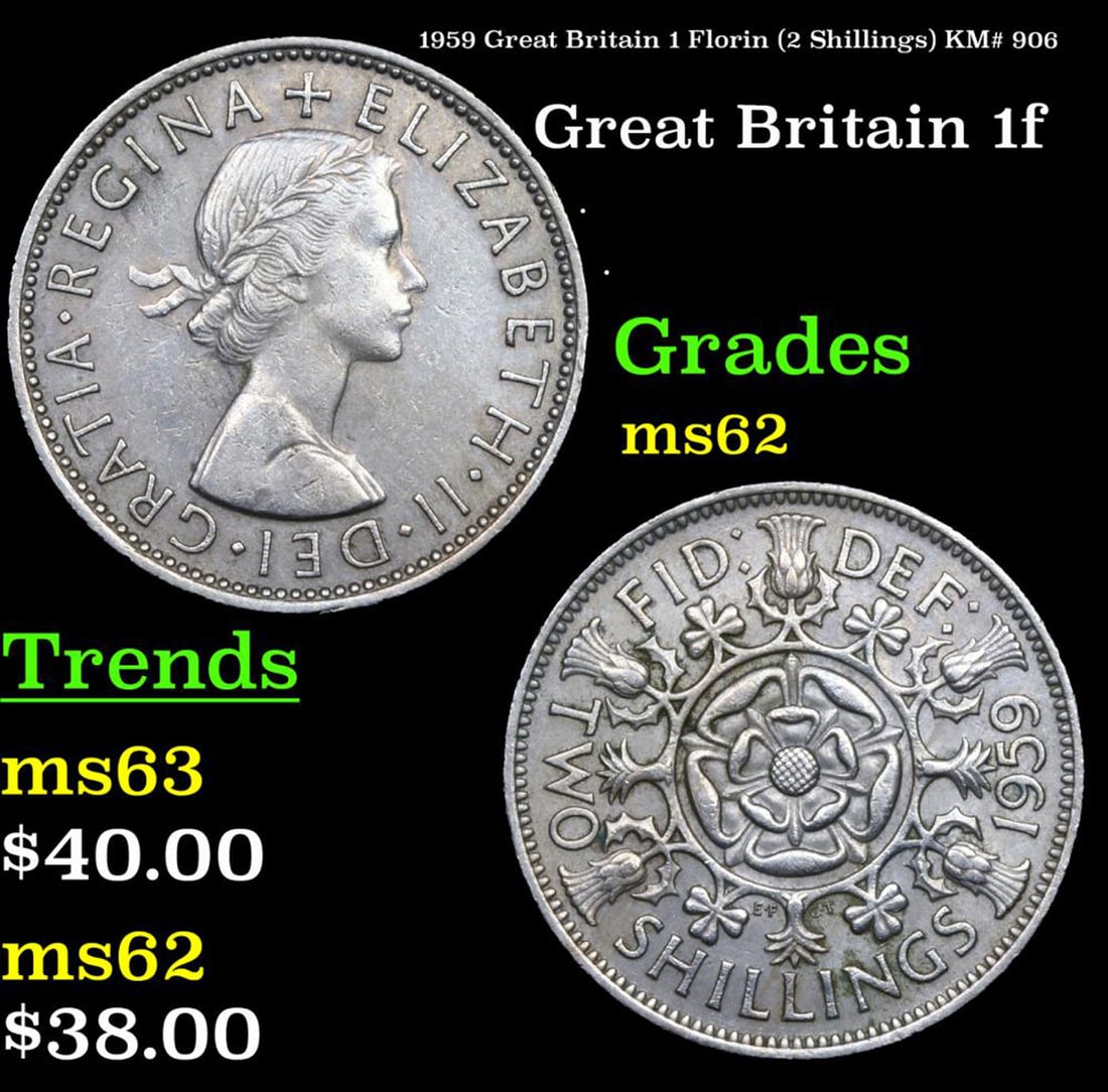 1959 Great Britain 1 Florin (2 Shillings) KM# 906 Grades Select Unc (1 of 1)