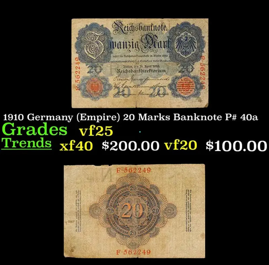 1910 Germany (Empire) 20 Marks Banknote P# 40a Grades vf+ (1 of 3)