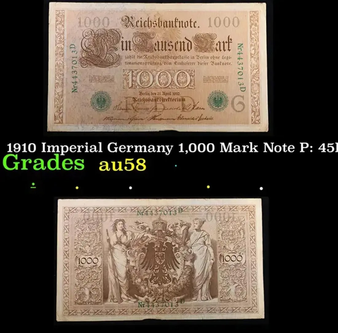 1910 Imperial Germany 1,000 Mark Note P: 45B Grades Choice AU/BU Slider (1 of 3)