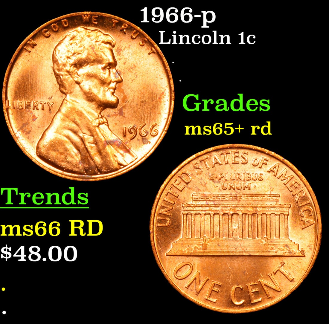1966-p Lincoln Cent 1c Grades Gem+ Unc RD (1 of 3)