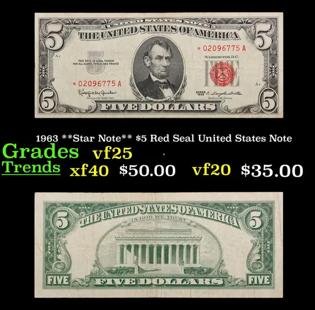 1963 **Star Note** $5 Red Seal United States Note Grades vf+ (1 of 3)