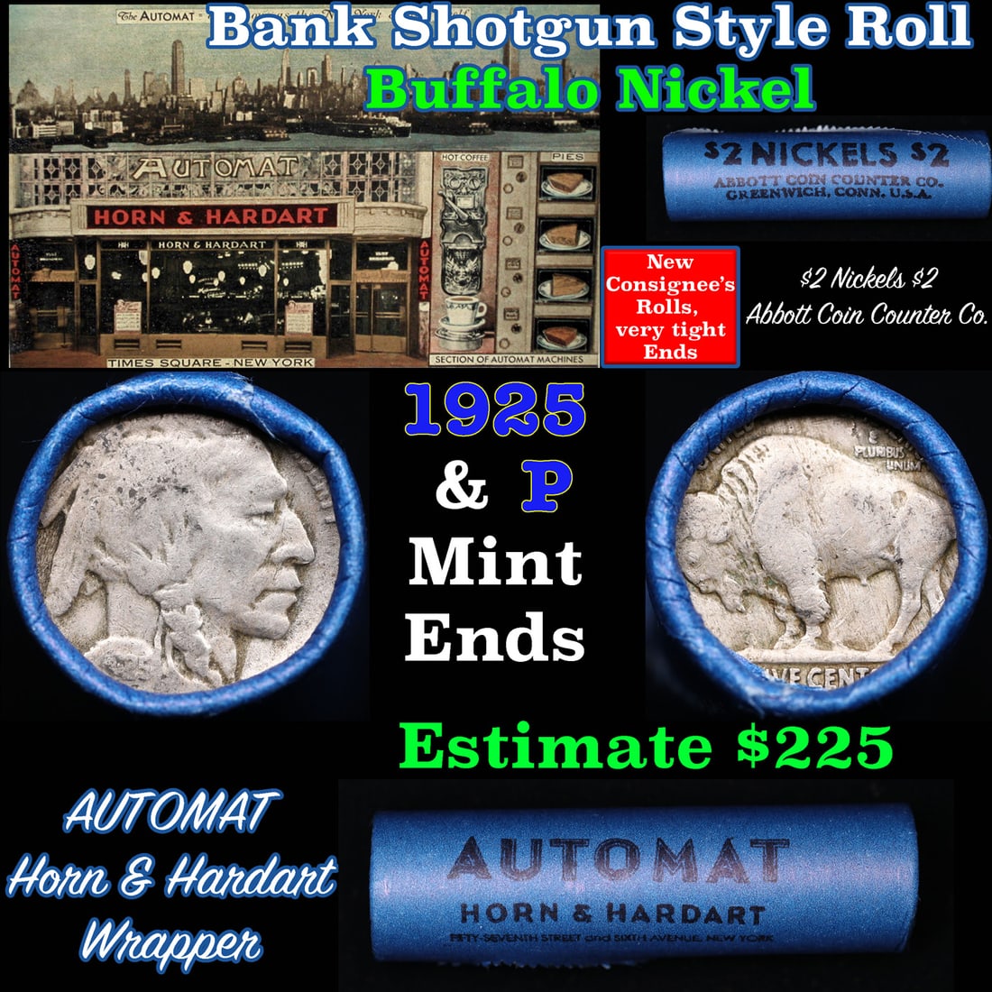 Buffalo Nickel Shotgun Roll in Old Bank Style 'Abbott Coin Counter & Automat' Wrapper 1925 & P Mint (1 of 5)