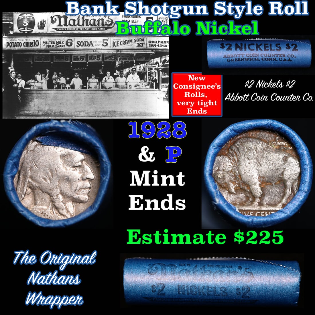 Buffalo Nickel Shotgun Roll in Old Bank Style 'Abbott Coin Counter AutoMat Nathans' Wrapper 1938 & p: Buffalo Nickel Shotgun Roll in Old Bank Style 'Abbott Coin Counter AutoMat Nathans' Wrapper 1938 & p Mint Ends. The roll is held in an old, rare "Brandt Abbott Coin Counter" Bank style wrapper. They a