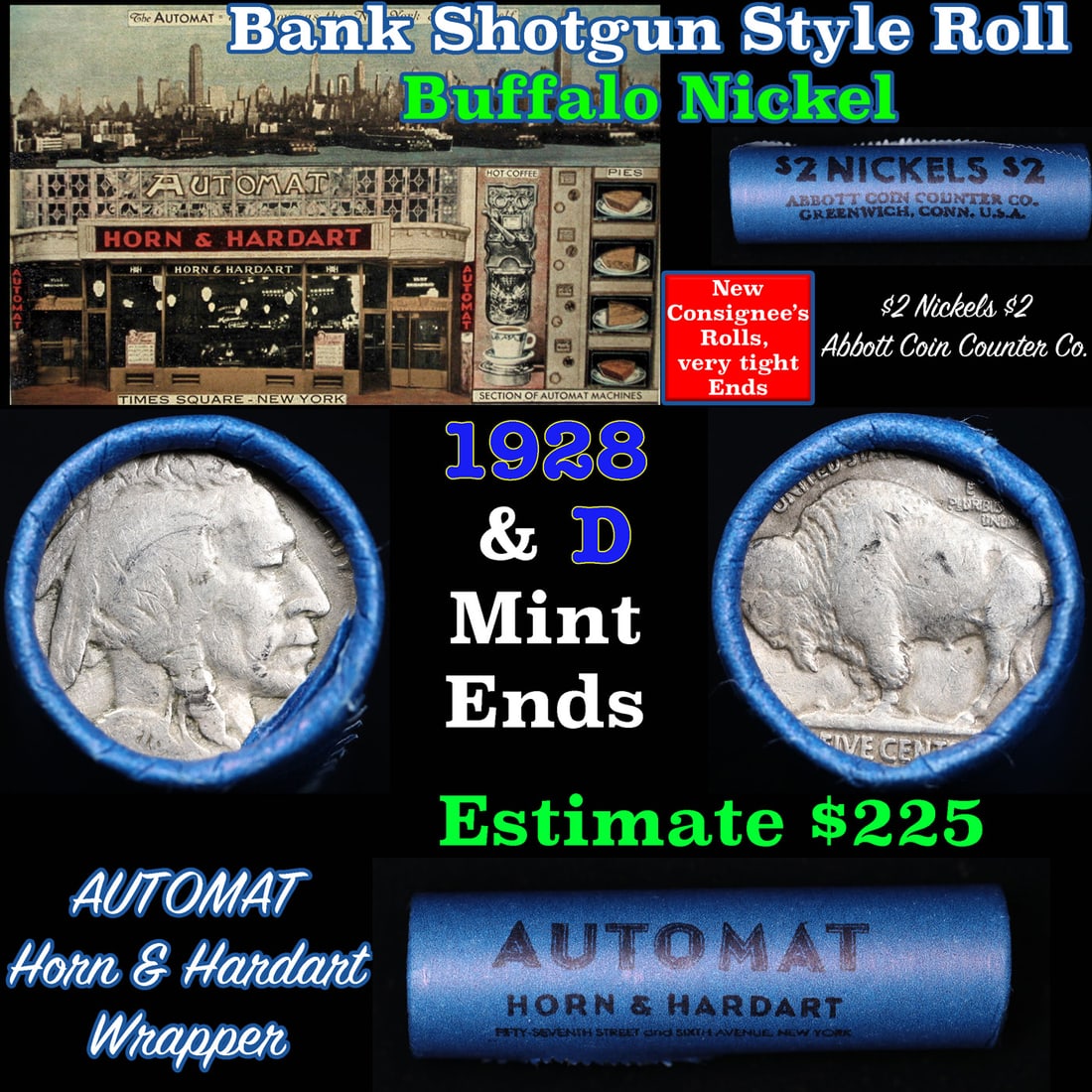 Buffalo Nickel Shotgun Roll in Old Bank Style 'Abbott Coin Counter & Automat' Wrapper 1928 & p Mint: Buffalo Nickel Shotgun Roll in Old Bank Style 'Abbott Coin Counter & Automat' Wrapper 1928 & p Mint Ends. The roll is held in an old, rare "Brandt Abbott Coin Counter" Bank style wrapper. They are all