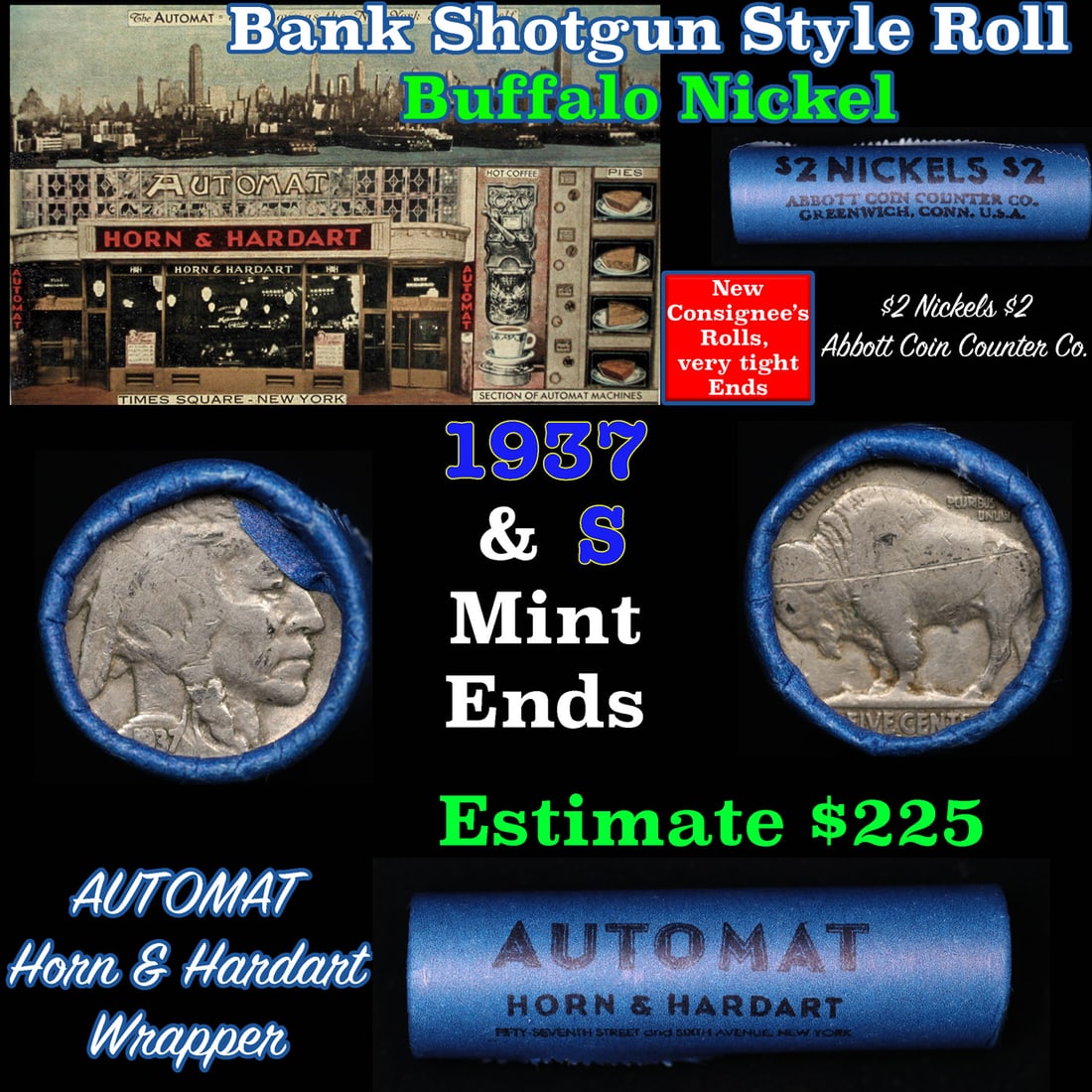 Buffalo Nickel Shotgun Roll in Old Bank Style 'Abbott Coin Counter AutoMat' Wrapper 1935 & p Mint (1 of 3)