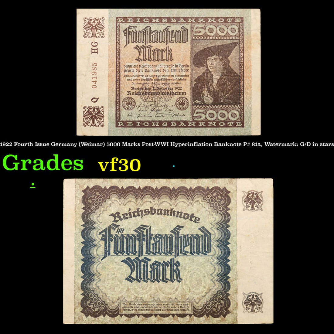 1922 Fourth Issue Germany (Weimar) 5000 Marks Post-WWI Hyperinflation Banknote P# 81a, Watermark:: 1922 Fourth Issue Germany (Weimar) 5000 Marks Post-WWI Hyperinflation Banknote P# 81a, Watermark: G/D in stars Grades vf++. In the early 1920s, post-WWI Germany saw its economy spiraling out of contro