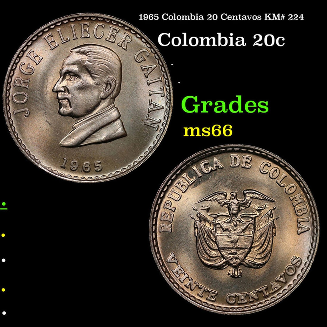 1965 Colombia 20 Centavos KM# 224 Grades GEM+ Unc (1 of 3)