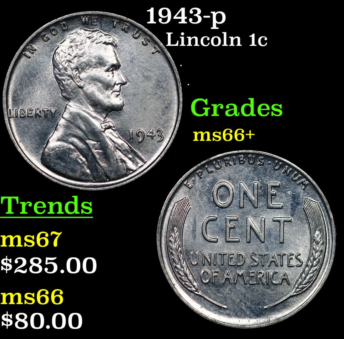 1943-p Lincoln Cent 1c Grades GEM++ Unc (1 of 3)