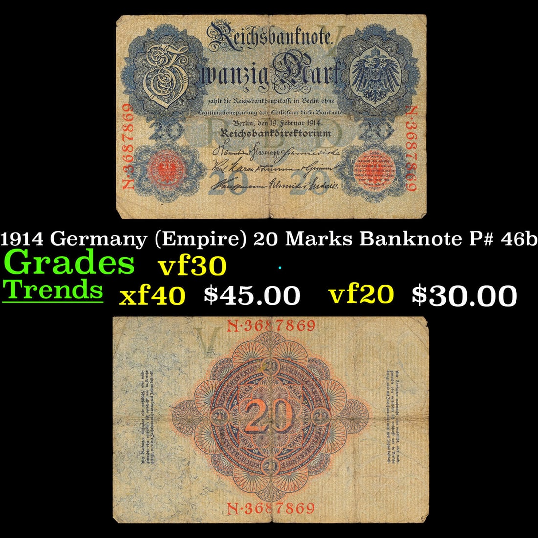 1914 Germany (Empire) 20 Marks Banknote P# 46b Grades vf++ (1 of 3)
