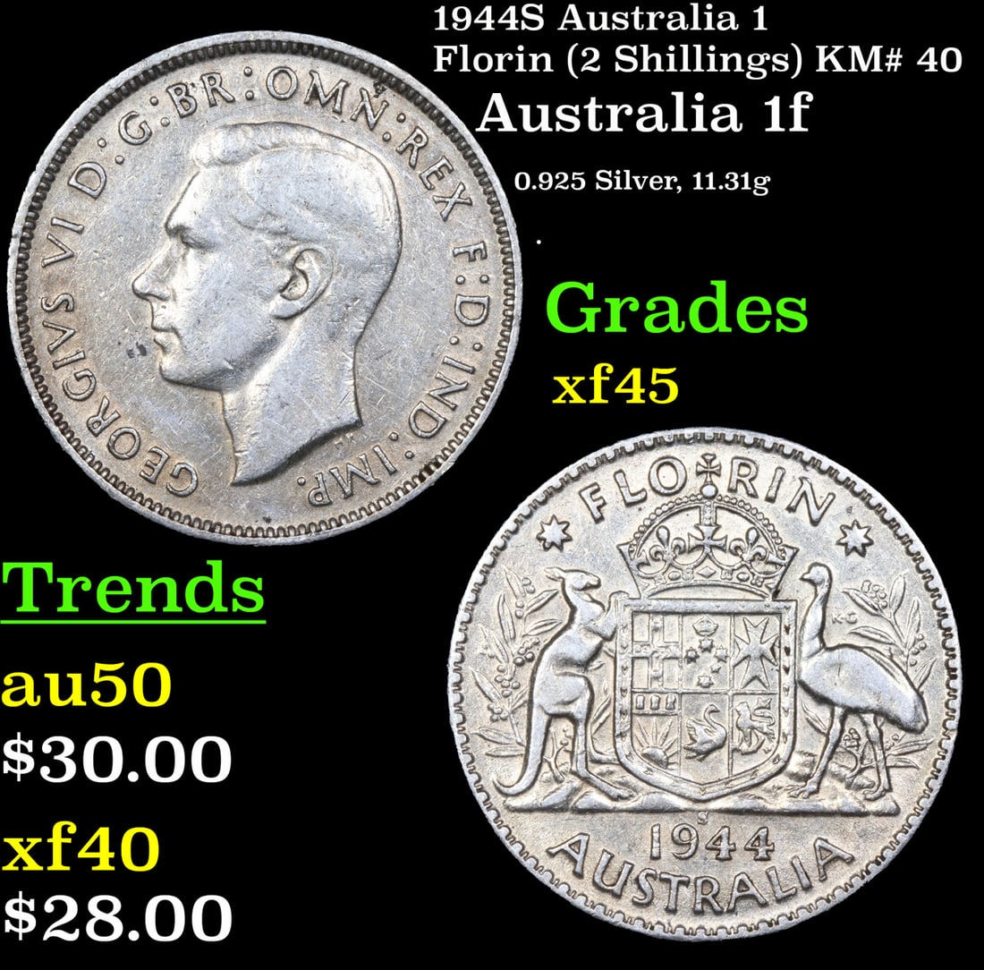 1944S Australia 1 Florin (2 Shillings) KM# 40 Grades xf+ (1 of 3)