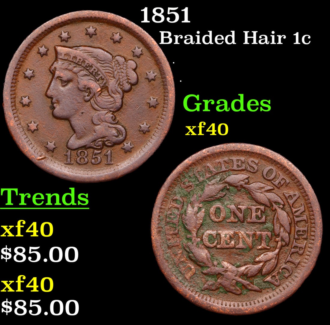 1851 Braided Hair Large Cent 1c Grades xf (1 of 3)