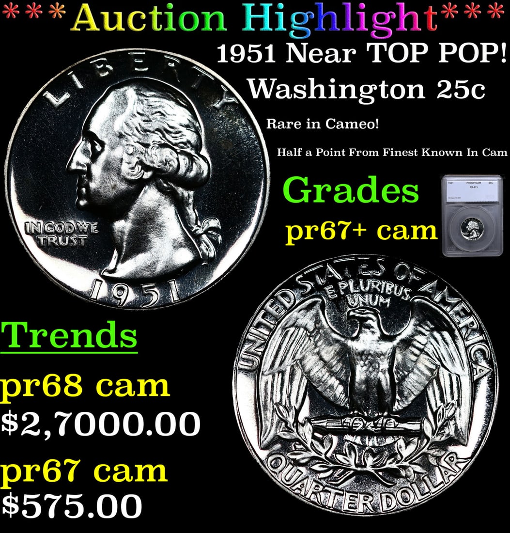 Proof ***Auction Highlight*** 1951 Washington Quarter Near TOP POP! 25c Graded pr67+ cam BY SEGS (1 of 5)
