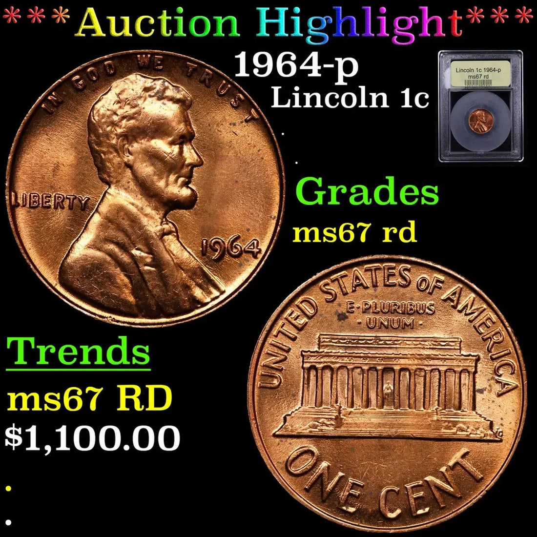 ***Auction Highlight*** 1964-p Lincoln Cent 1c Graded GEM++ Unc RD By USCG (fc) (1 of 5)
