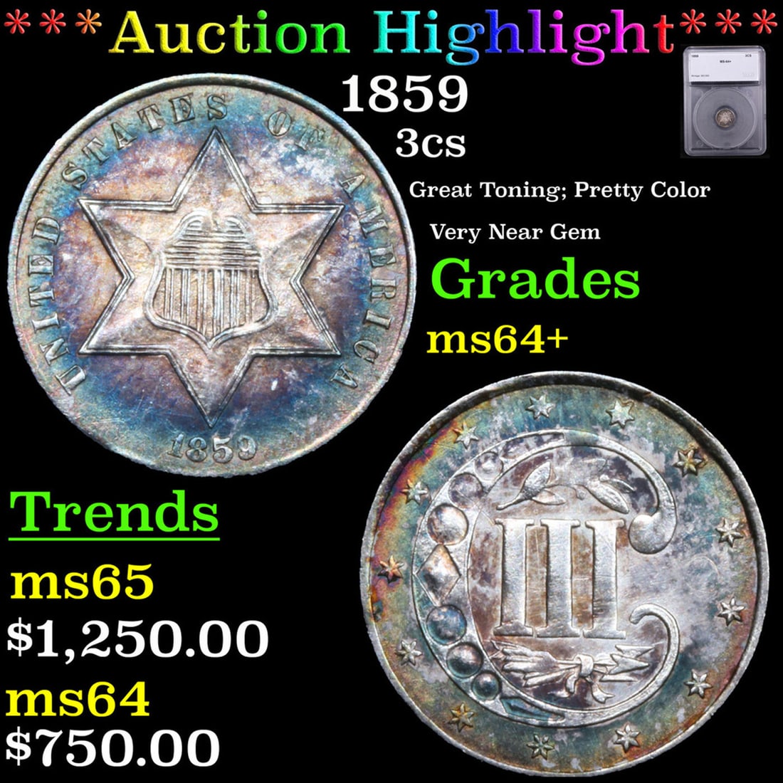 ***Auction Highlight*** 1859 Three Cent Silver 3cs Graded ms64+ BY SEGS (fc) (1 of 5)