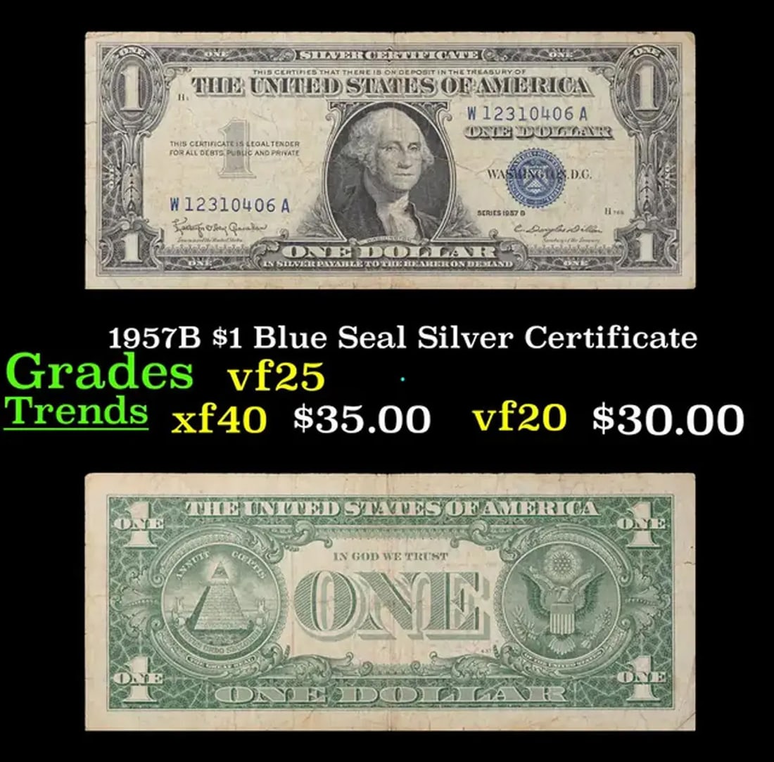 1957B $1 Blue Seal Silver Certificate Grades vf+: 1957B $1 Blue Seal Silver Certificate Grades vf+. On June 4th 1963, President Kennedy issued Executive Order 11110, ordering that silver certificates be phased out. No one knew it would be his last ex