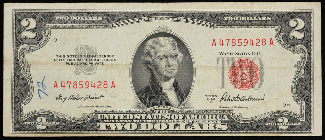1953A $2 Red Seal United States Note Grades vf++: 1953A $2 Red Seal United States Note Grades vf++. 1953 red print two dollar bills can be broke up into four different types by signature combination; 1953 â€“ Ivy Baker Priest (Treasurer of The U