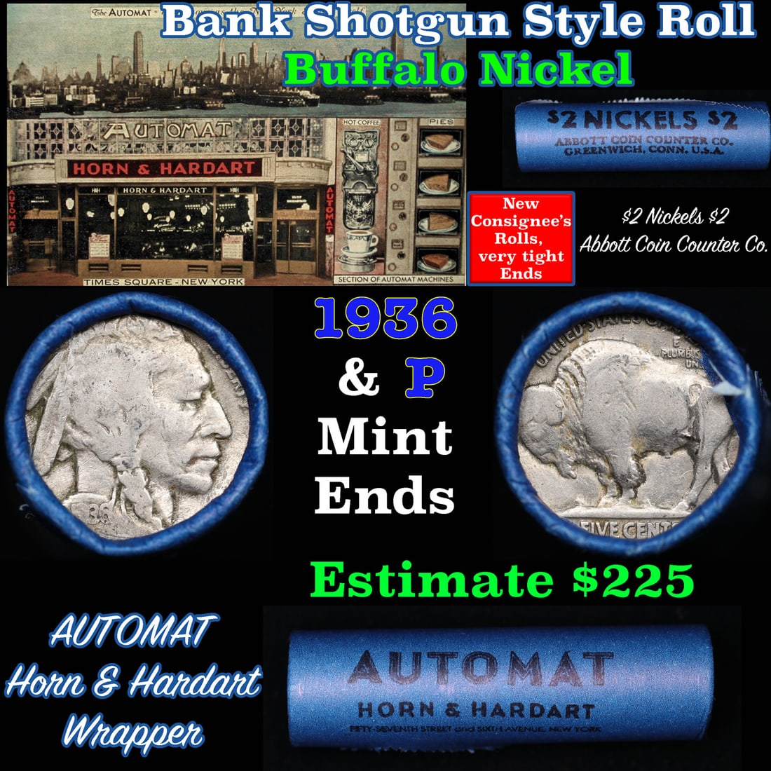Buffalo Nickel Shotgun Roll in Old Bank Style 'Abbott Coin Counter & Automat' Wrapper 1936 & P Mint (1 of 3)