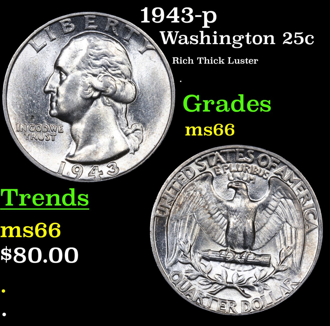 1943-p Washington Quarter 25c Grades GEM+ Unc (1 of 3)