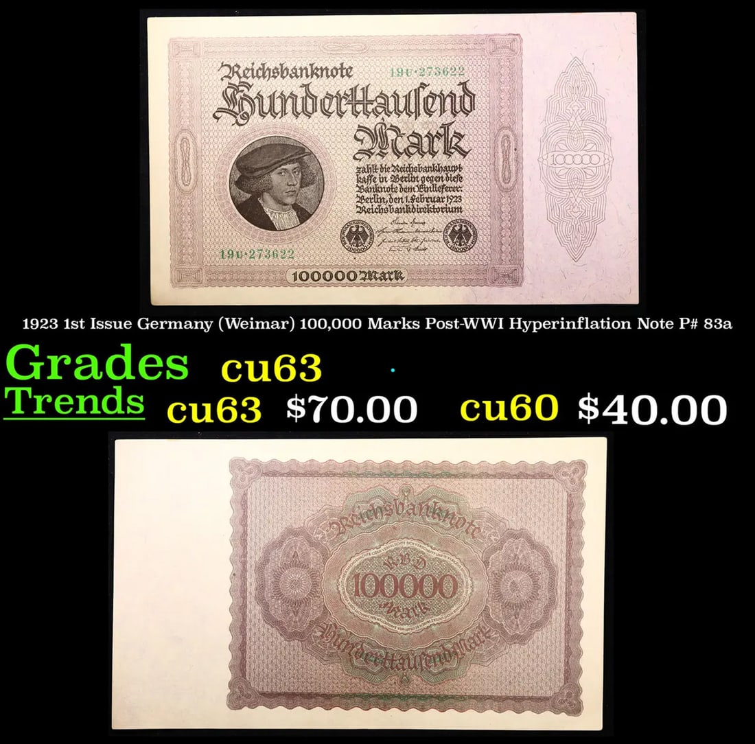 1923 1st Issue Germany (Weimar) 100,000 Marks Post-WWI Hyperinflation Note P# 83a Grades Select CU (1 of 3)