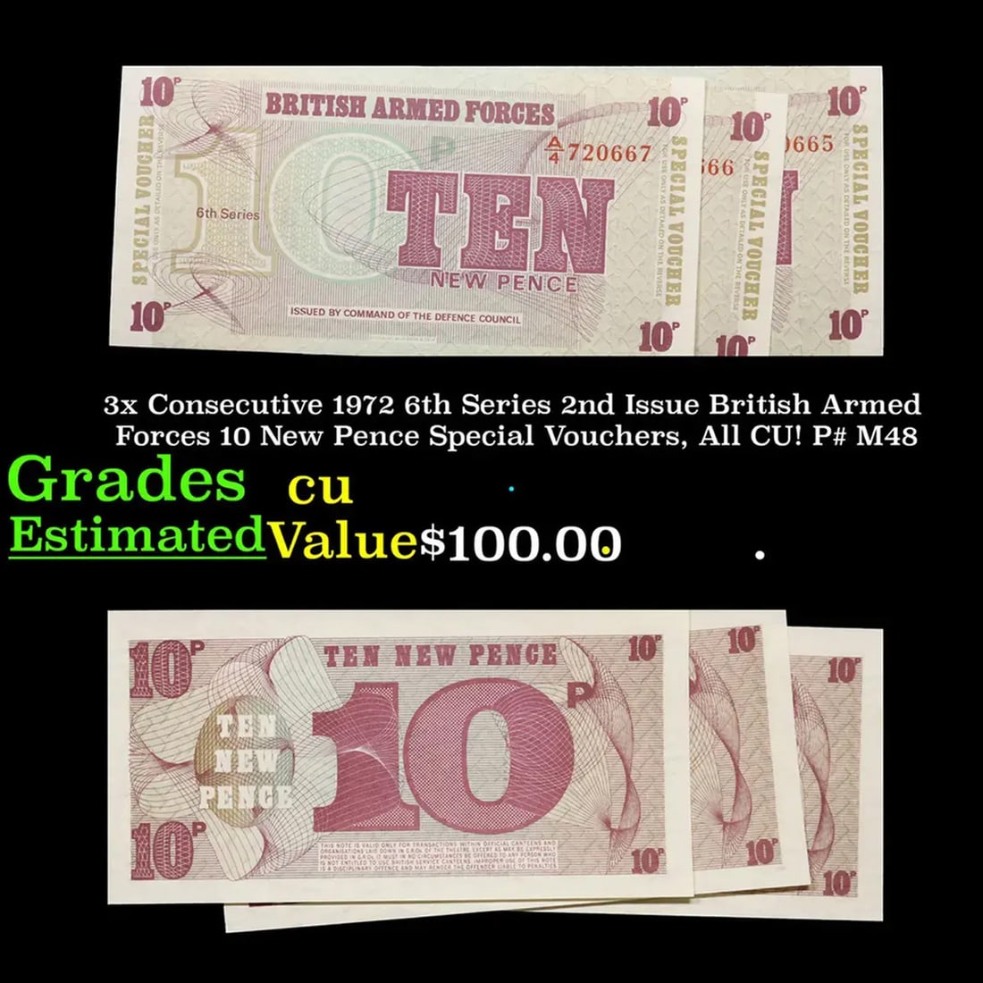 3x Consecutive 1972 6th Series 2nd Issue British Armed Forces 10 New Pence Special Vouchers, All CU! (1 of 6)