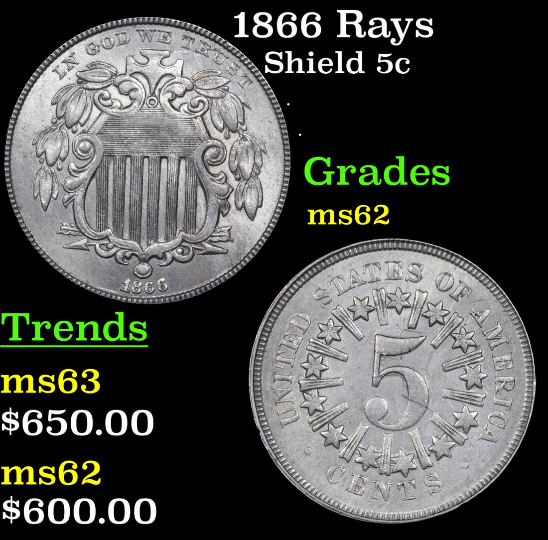 1866 Rays Shield Nickel 5c Grades Select Unc (1 of 3)