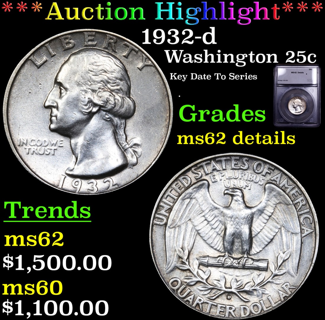 ***Auction Highlight*** 1932-d Washington Quarter 25c Graded ms62 details By SEGS (fc) (1 of 5)