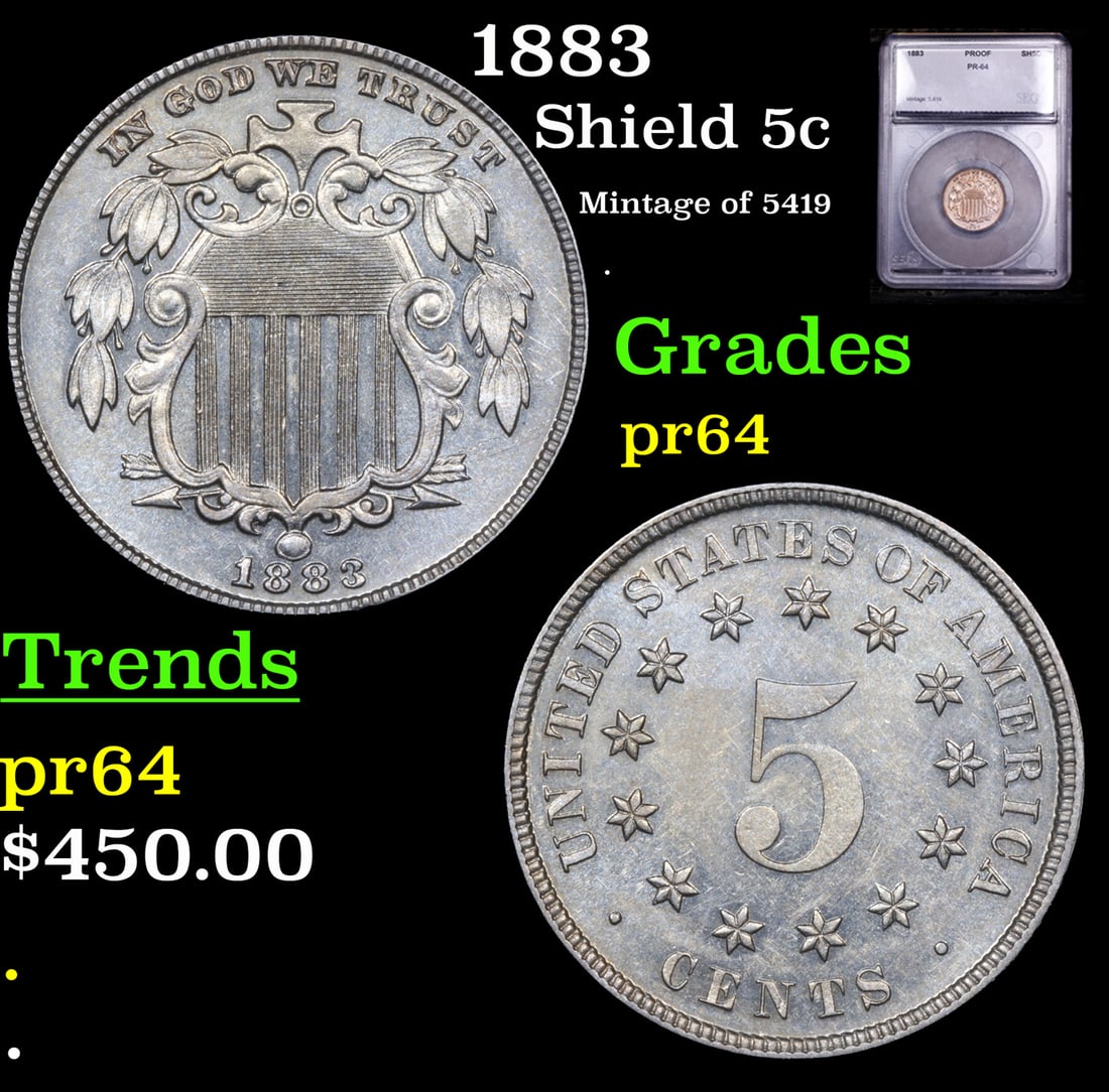 Proof 1883 Shield Nickel 5c Graded pr64 By SEGS (1 of 5)