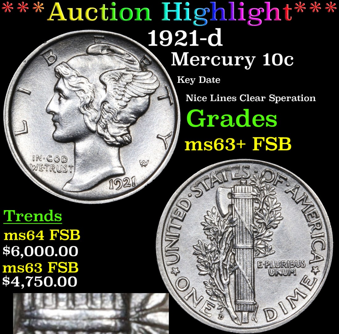 ***Auction Highlight*** 1921-d Mercury Dime 10c Graded Select Unc+ FSB By USCG (fc) (1 of 6)